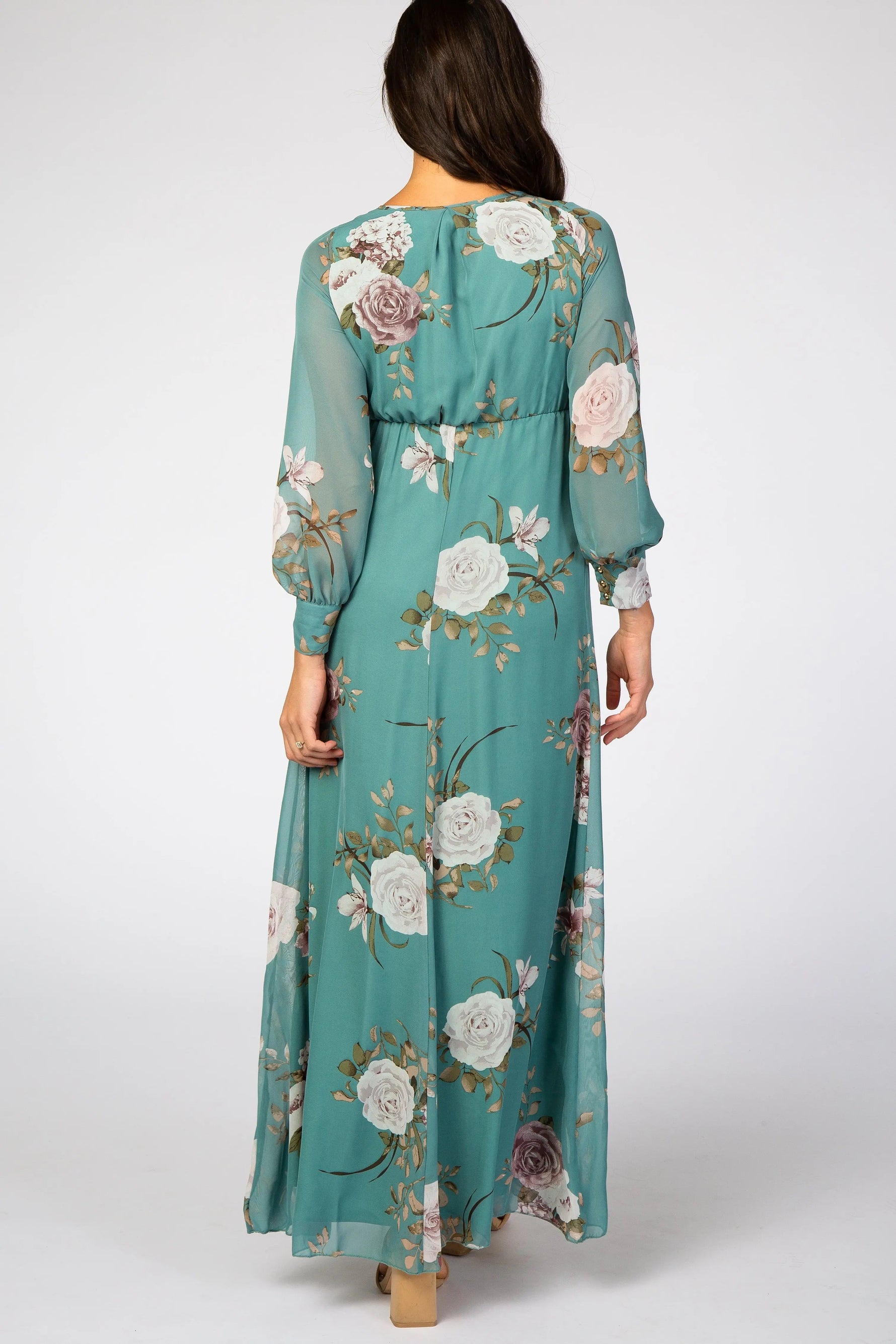 PinkBlush Teal Floral Chiffon Maternity Maxi Dress - 