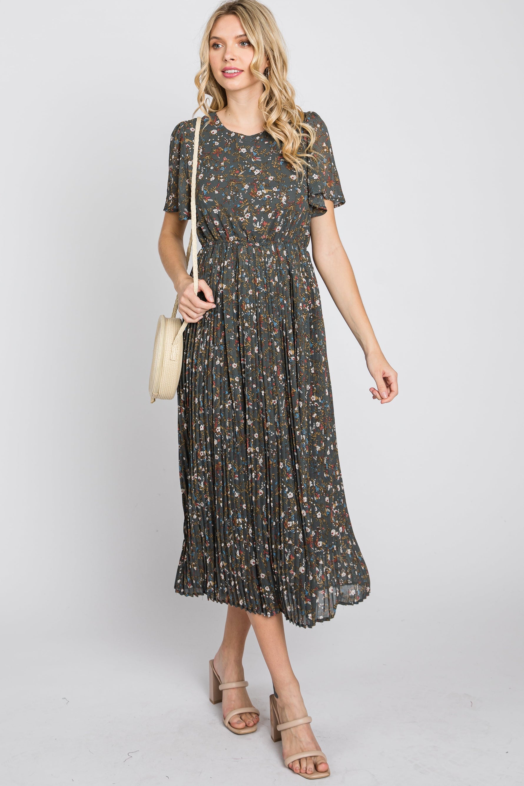 PinkBlush Teal Floral Pleated Chiffon Maternity Midi Dress on a pregnant model