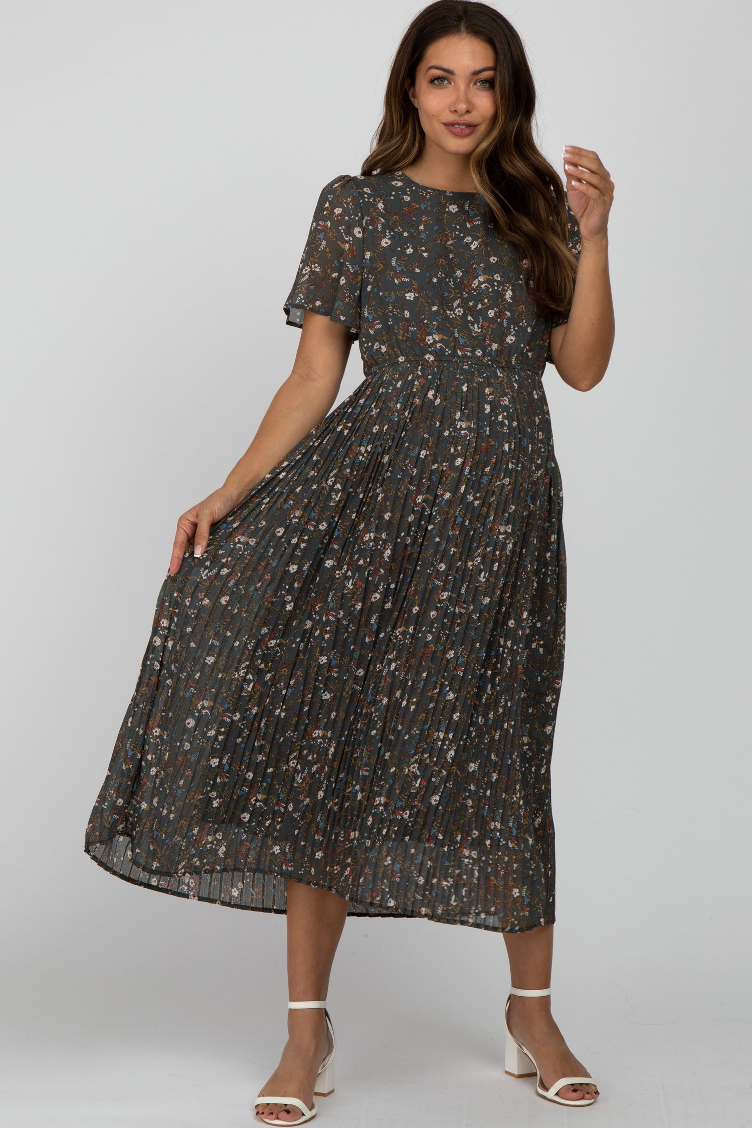 PinkBlush Teal Floral Pleated Chiffon Maternity Midi Dress on a pregnant model
