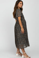 PinkBlush Teal Floral Pleated Chiffon Maternity Midi Dress on a pregnant model