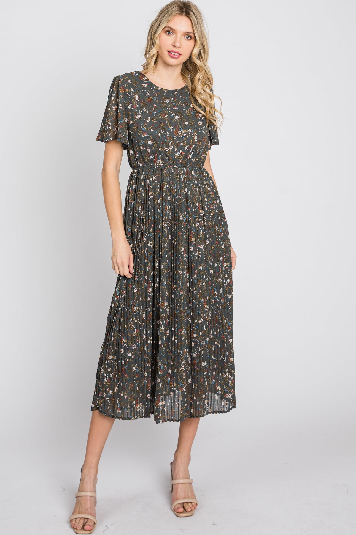 PinkBlush Teal Floral Pleated Chiffon Midi Dress