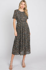 PinkBlush Teal Floral Pleated Chiffon Midi Dress