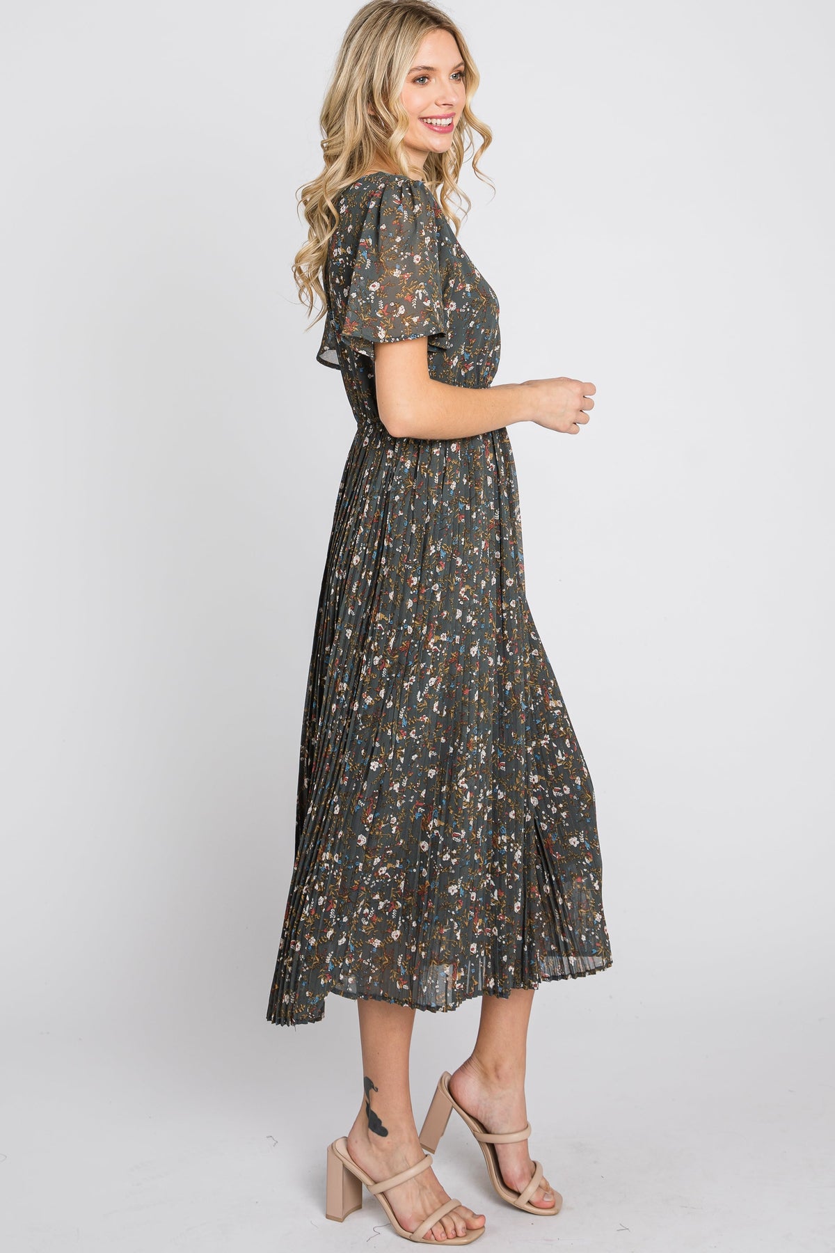 PinkBlush Teal Floral Pleated Chiffon Midi Dress