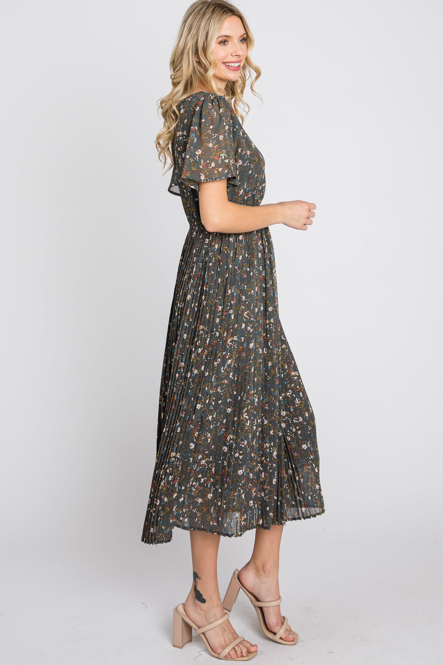 PinkBlush Teal Floral Pleated Chiffon Midi Dress