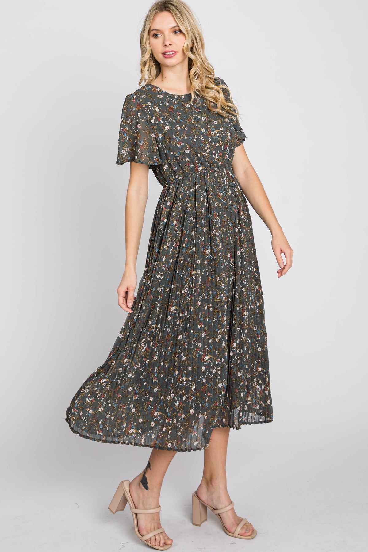 PinkBlush Teal Floral Pleated Chiffon Midi Dress
