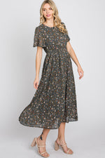 PinkBlush Teal Floral Pleated Chiffon Midi Dress