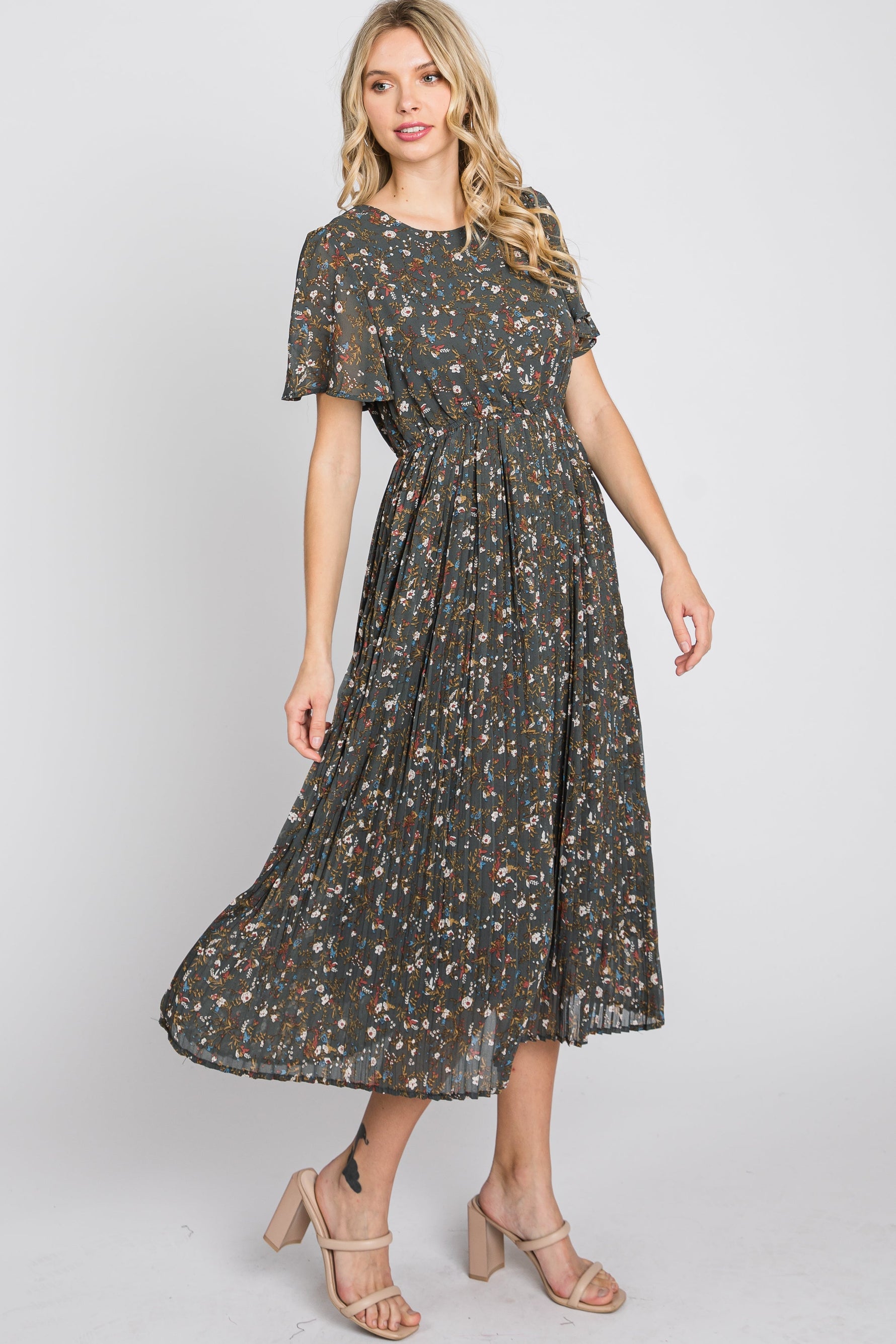 PinkBlush Teal Floral Pleated Chiffon Midi Dress