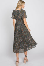 PinkBlush Teal Floral Pleated Chiffon Midi Dress