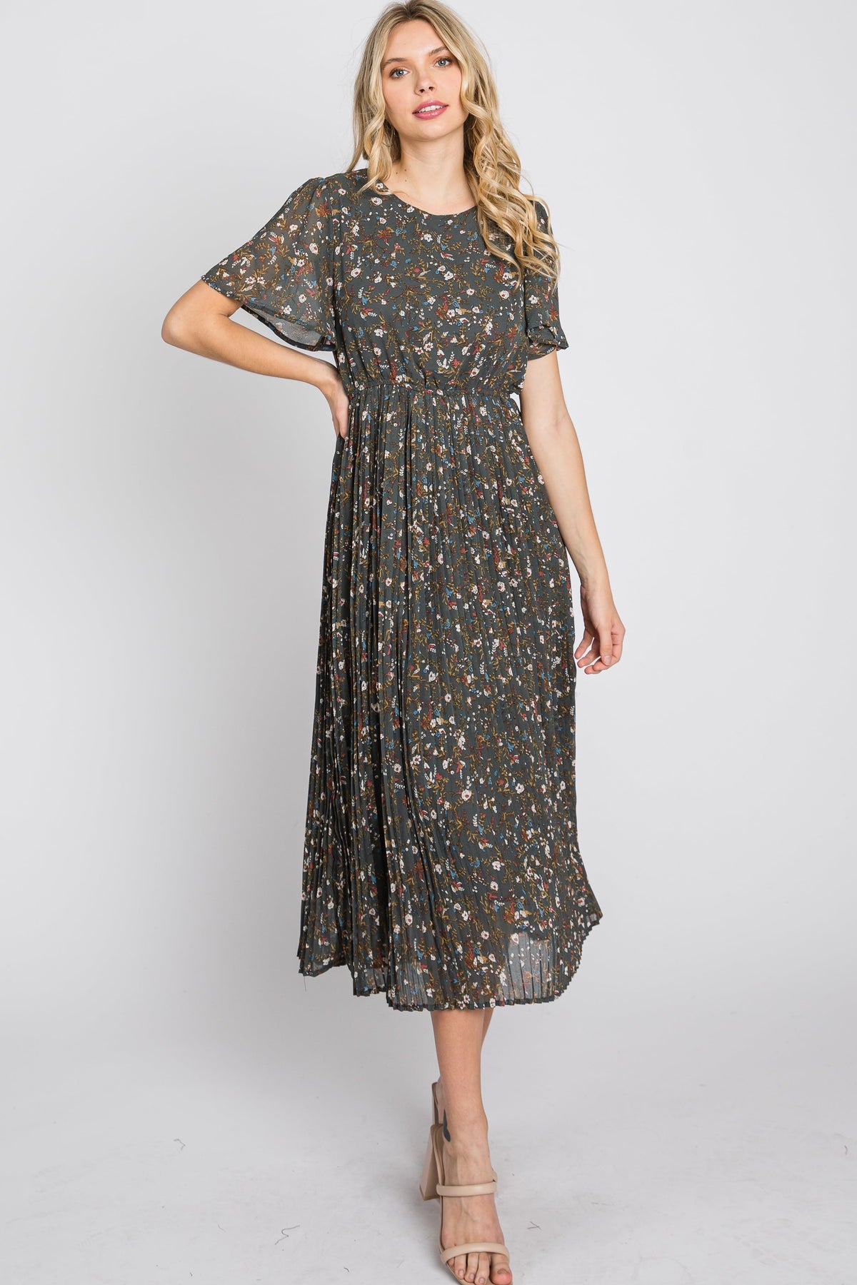 PinkBlush Teal Floral Pleated Chiffon Midi Dress