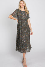 PinkBlush Teal Floral Pleated Chiffon Midi Dress