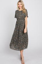 PinkBlush Teal Floral Pleated Chiffon Midi Dress