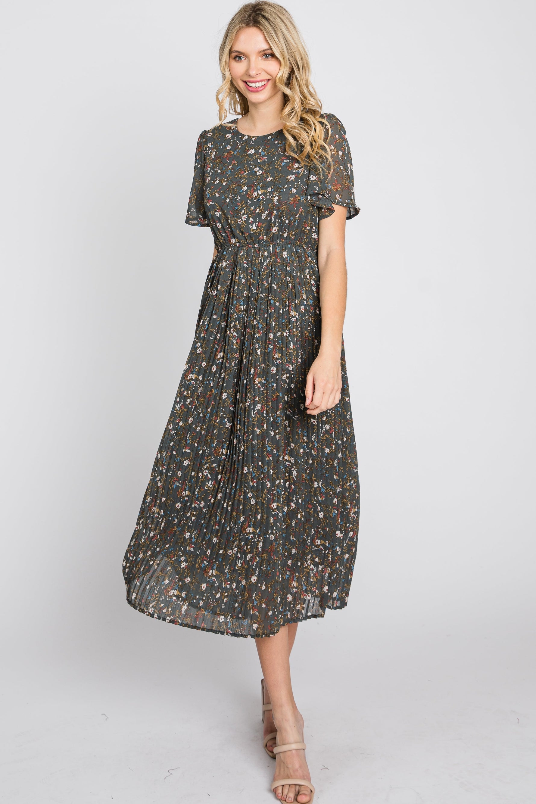 PinkBlush Teal Floral Pleated Chiffon Midi Dress