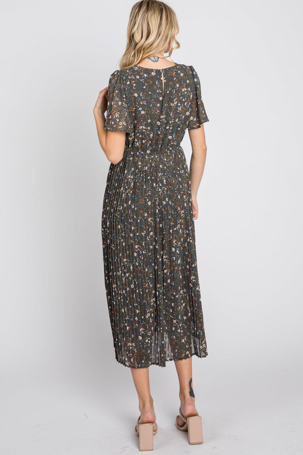 PinkBlush Teal Floral Pleated Chiffon Midi Dress