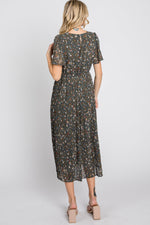 PinkBlush Teal Floral Pleated Chiffon Midi Dress