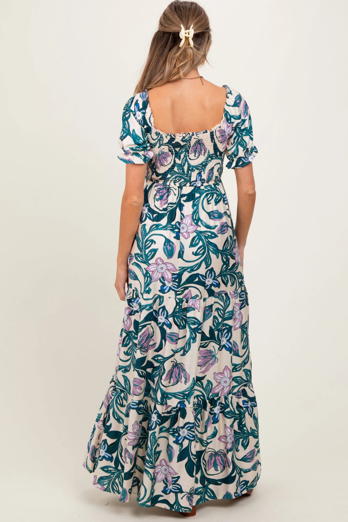 PinkBlush Teal Floral Smocked Front Tie Maternity Maxi Dress - 