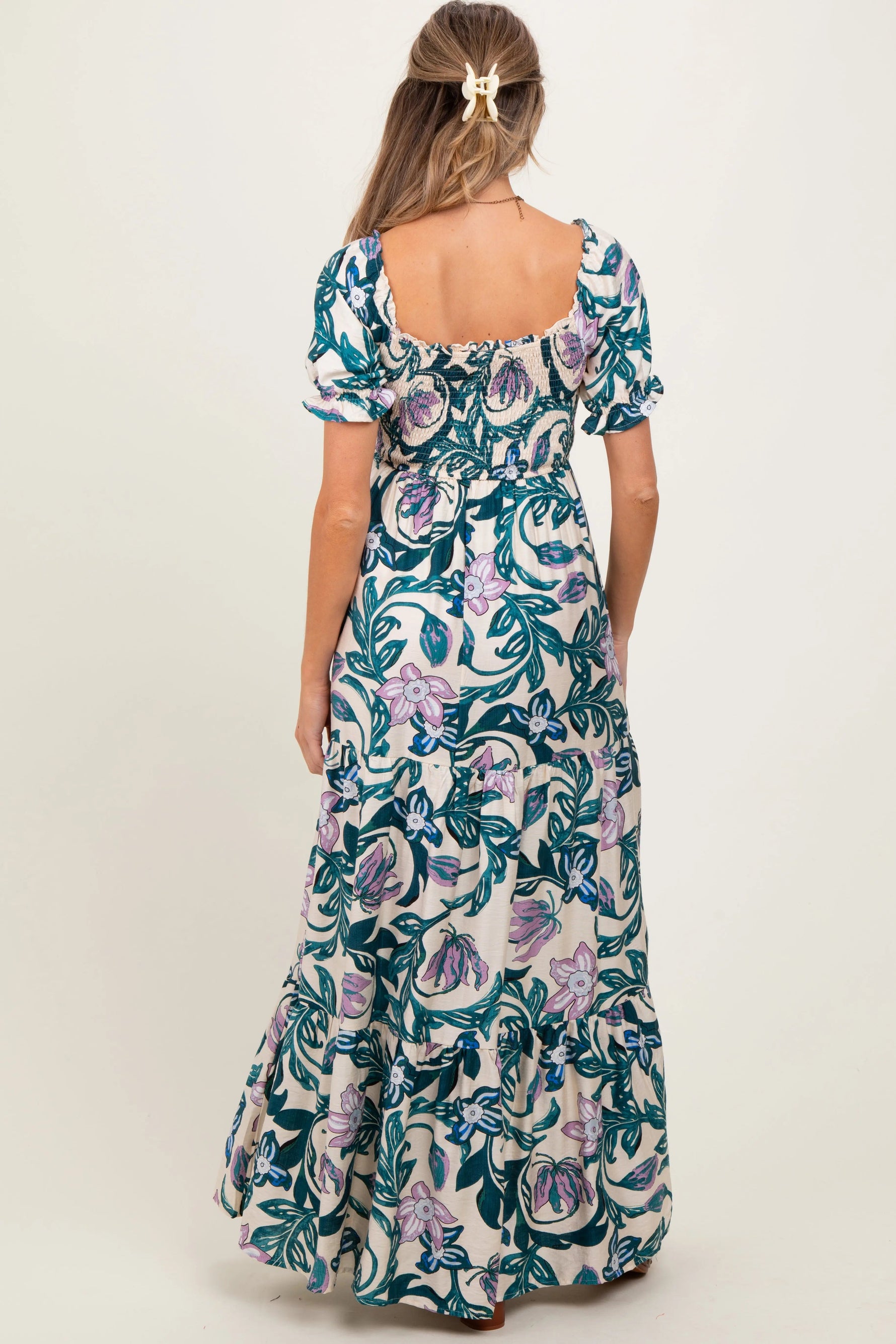 PinkBlush Teal Floral Smocked Front Tie Maternity Maxi Dress - 
