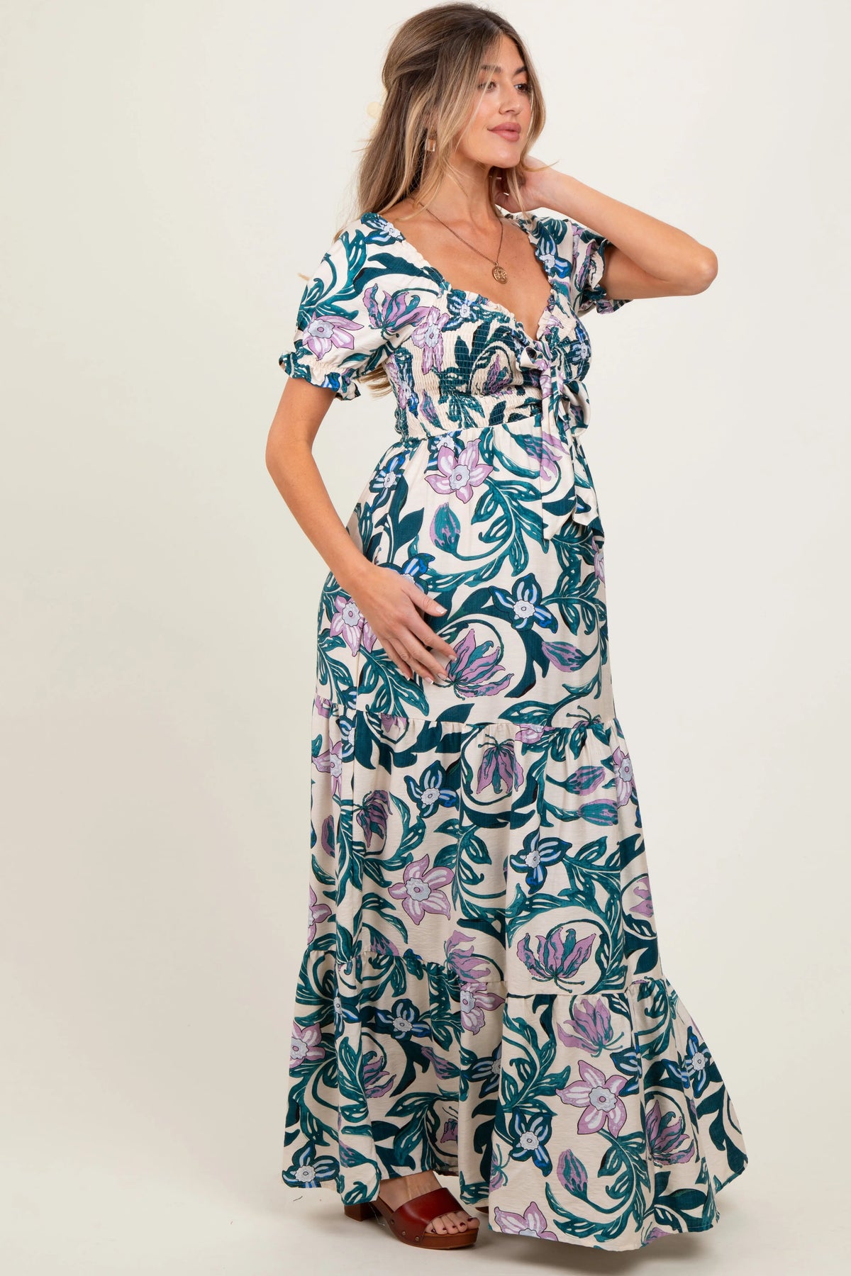 PinkBlush Teal Floral Smocked Front Tie Maternity Maxi Dress - 