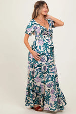 PinkBlush Teal Floral Smocked Front Tie Maternity Maxi Dress - 