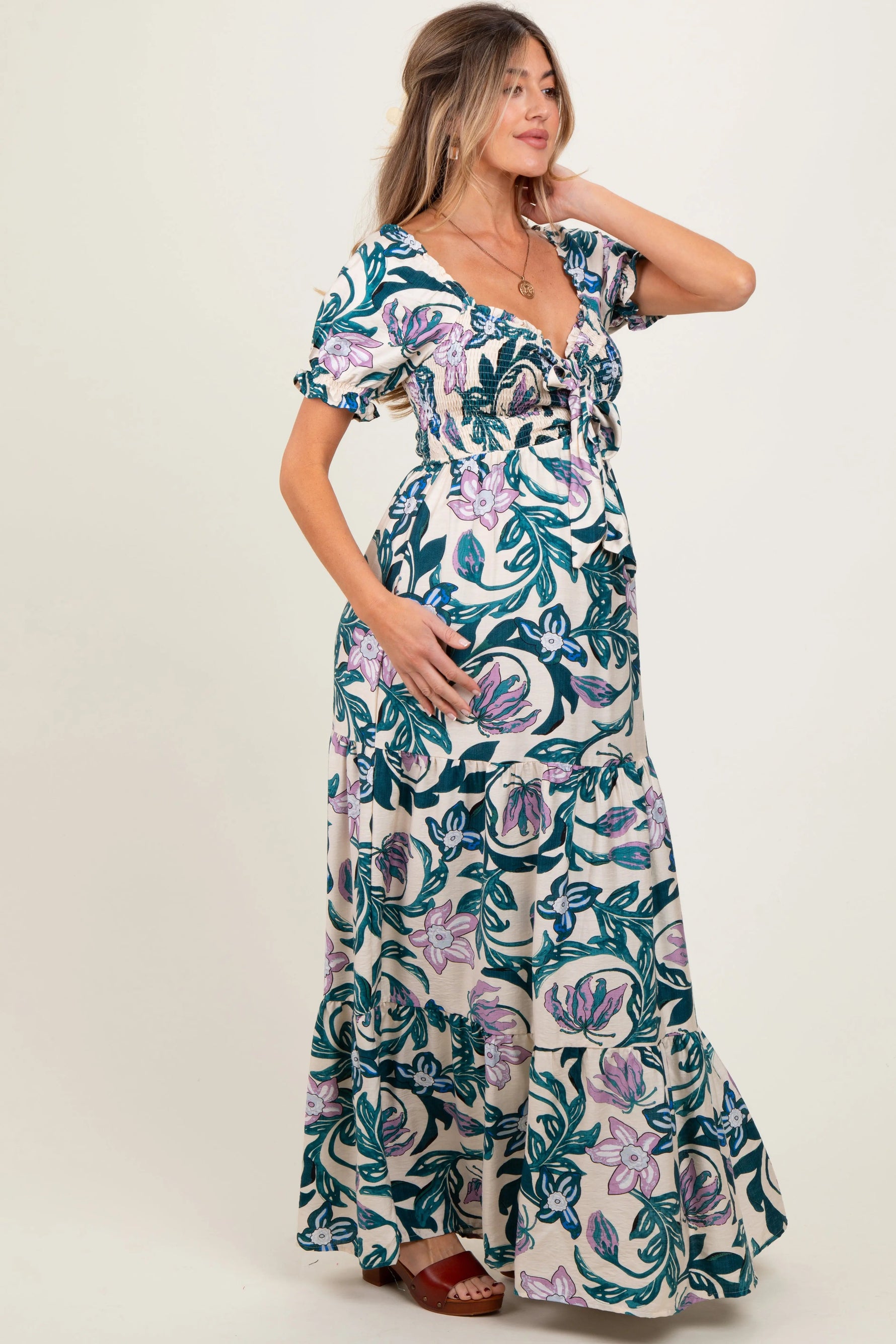 PinkBlush Teal Floral Smocked Front Tie Maternity Maxi Dress - 