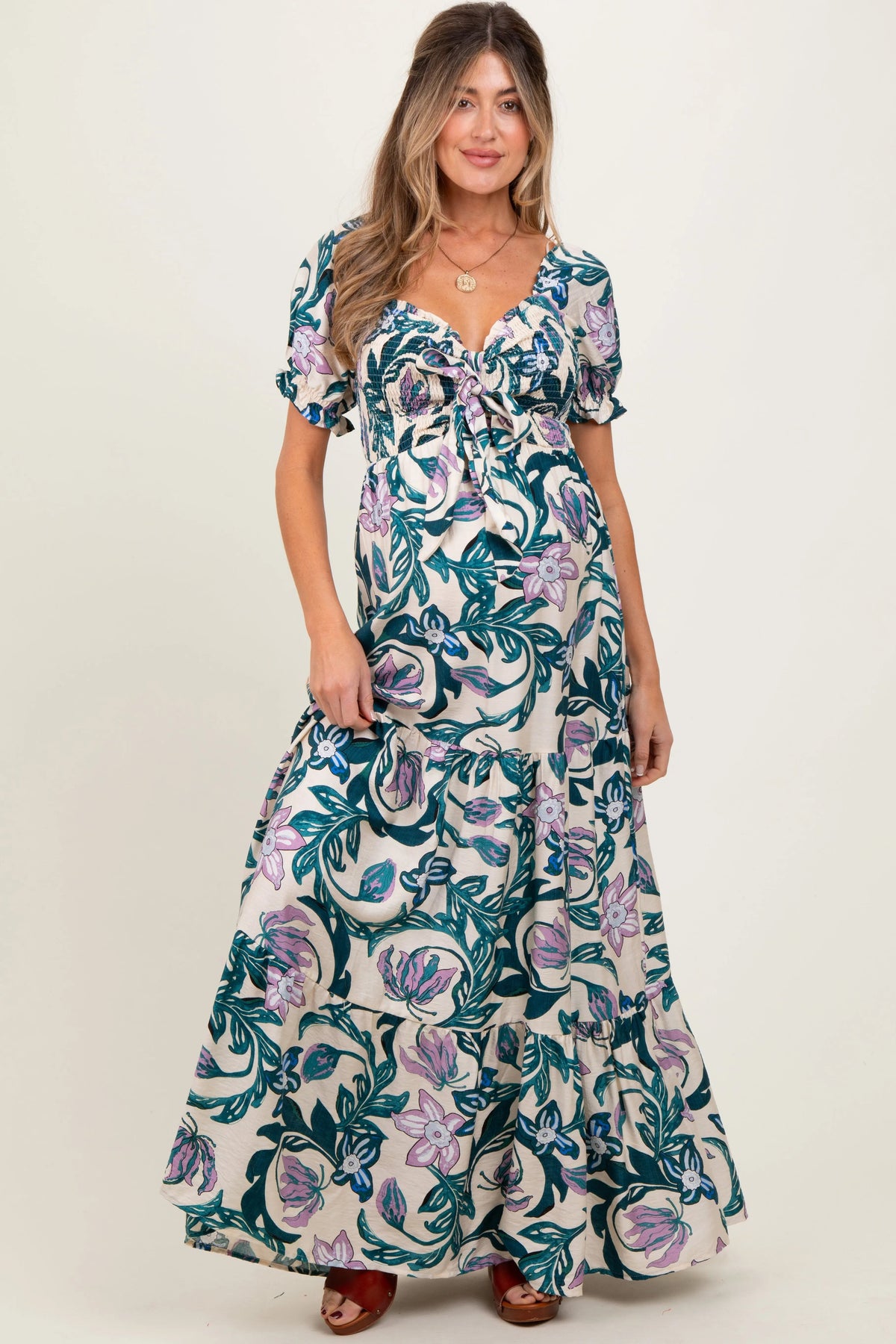PinkBlush Teal Floral Smocked Front Tie Maternity Maxi Dress - 