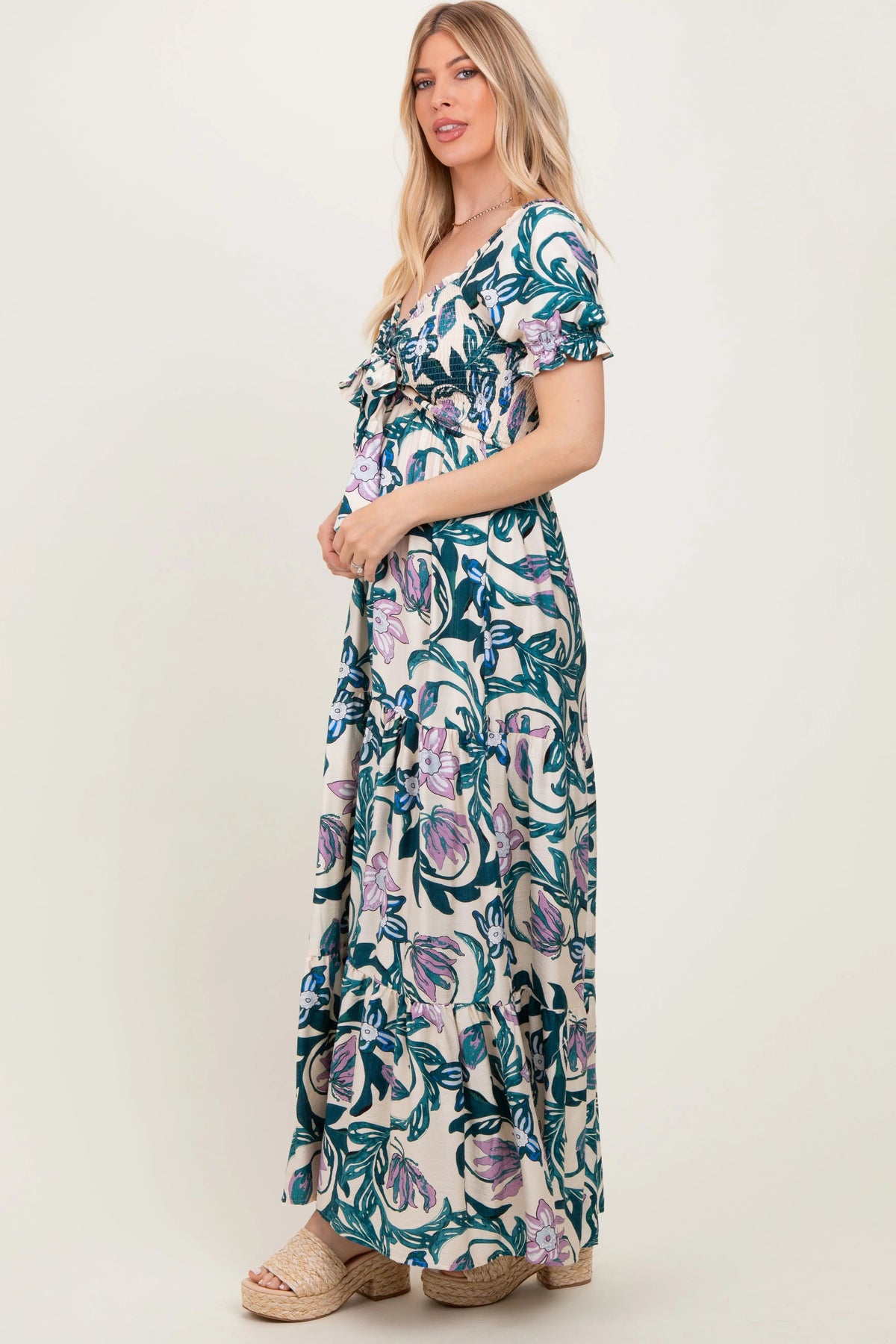 PinkBlush Teal Floral Smocked Front Tie Maxi Dress - 