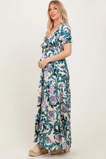 PinkBlush Teal Floral Smocked Front Tie Maxi Dress - 