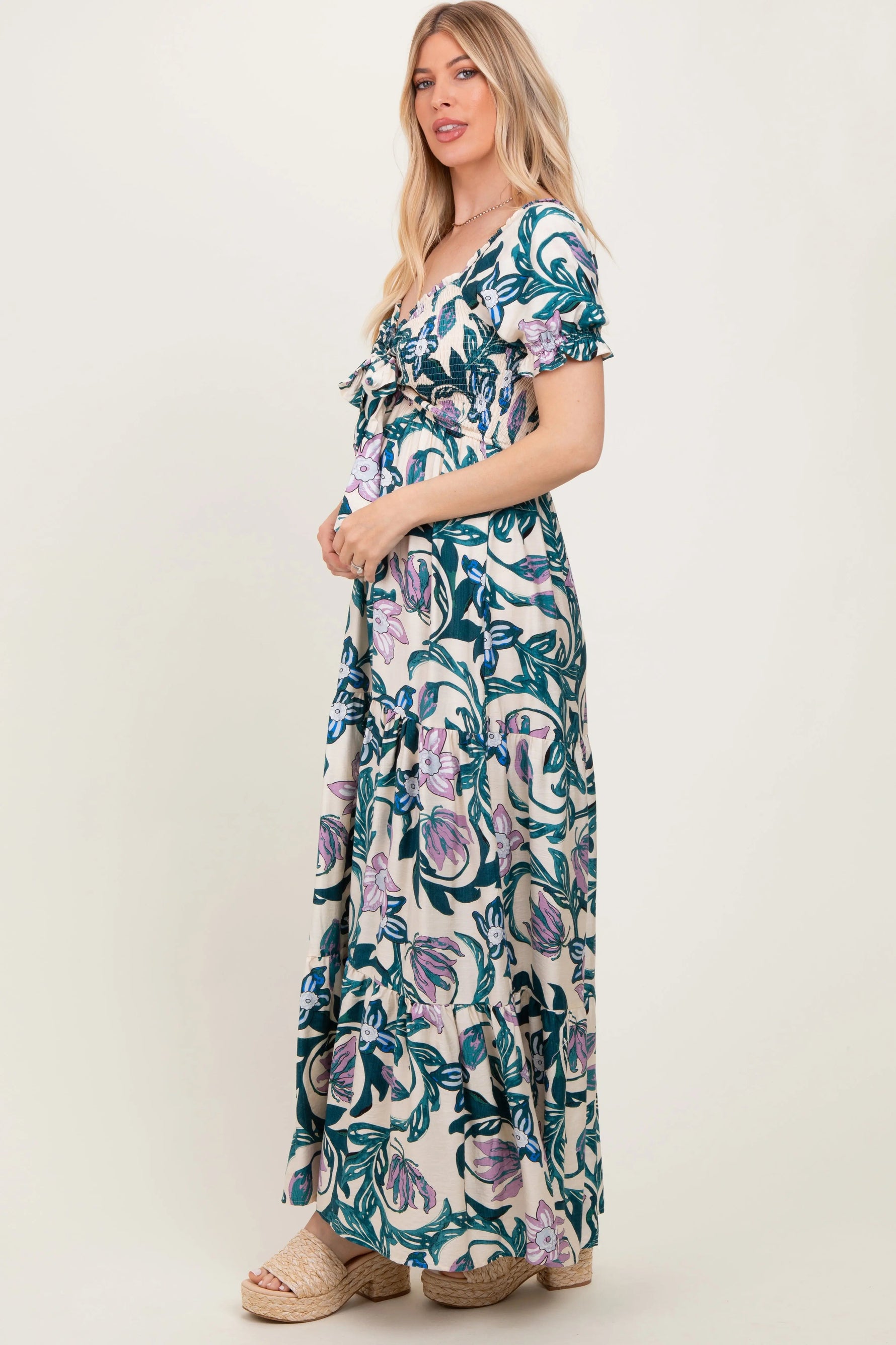 PinkBlush Teal Floral Smocked Front Tie Maxi Dress - 