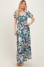 PinkBlush Teal Floral Smocked Front Tie Maxi Dress - 