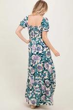 PinkBlush Teal Floral Smocked Front Tie Maxi Dress - 