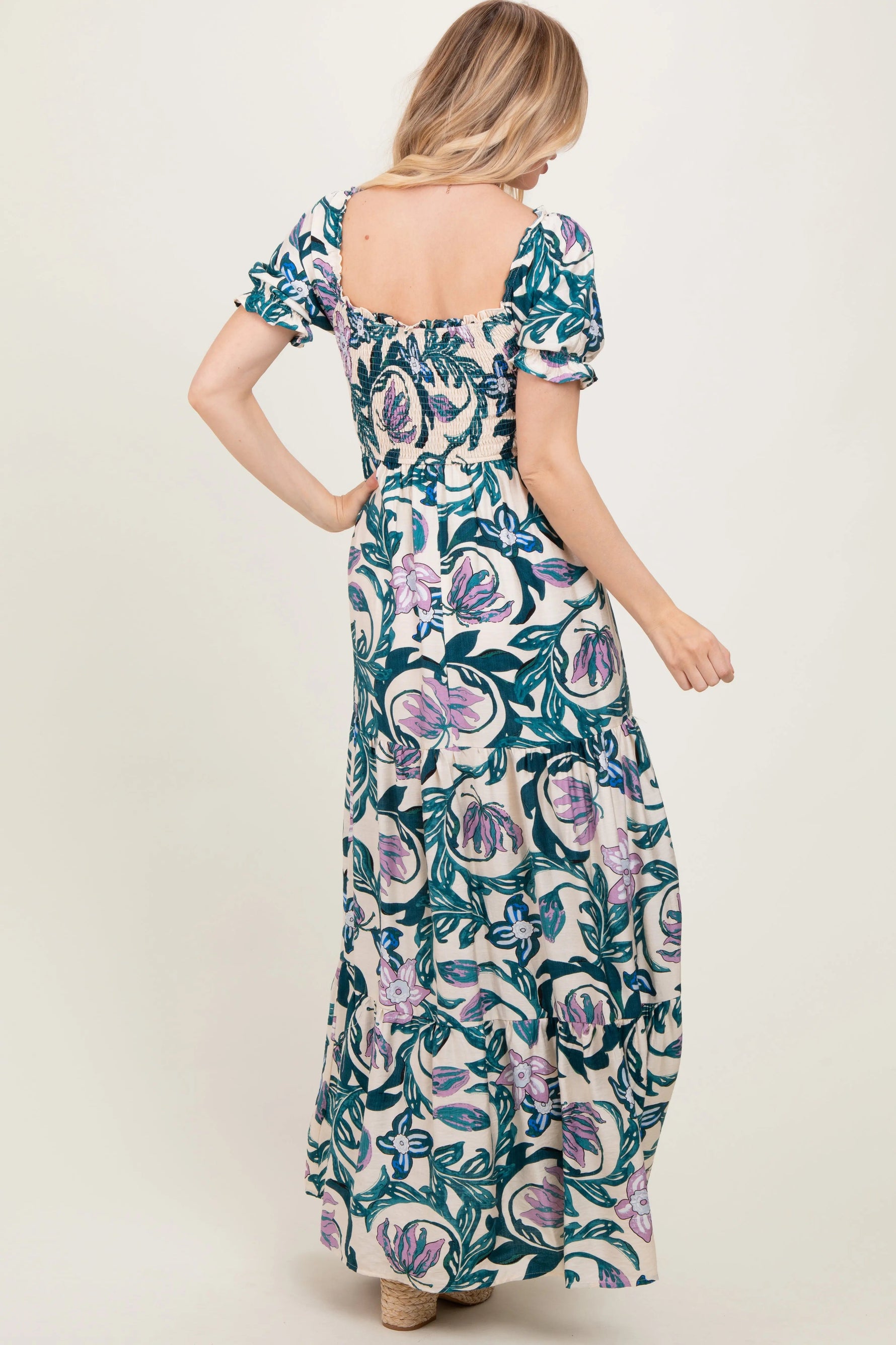 PinkBlush Teal Floral Smocked Front Tie Maxi Dress - 