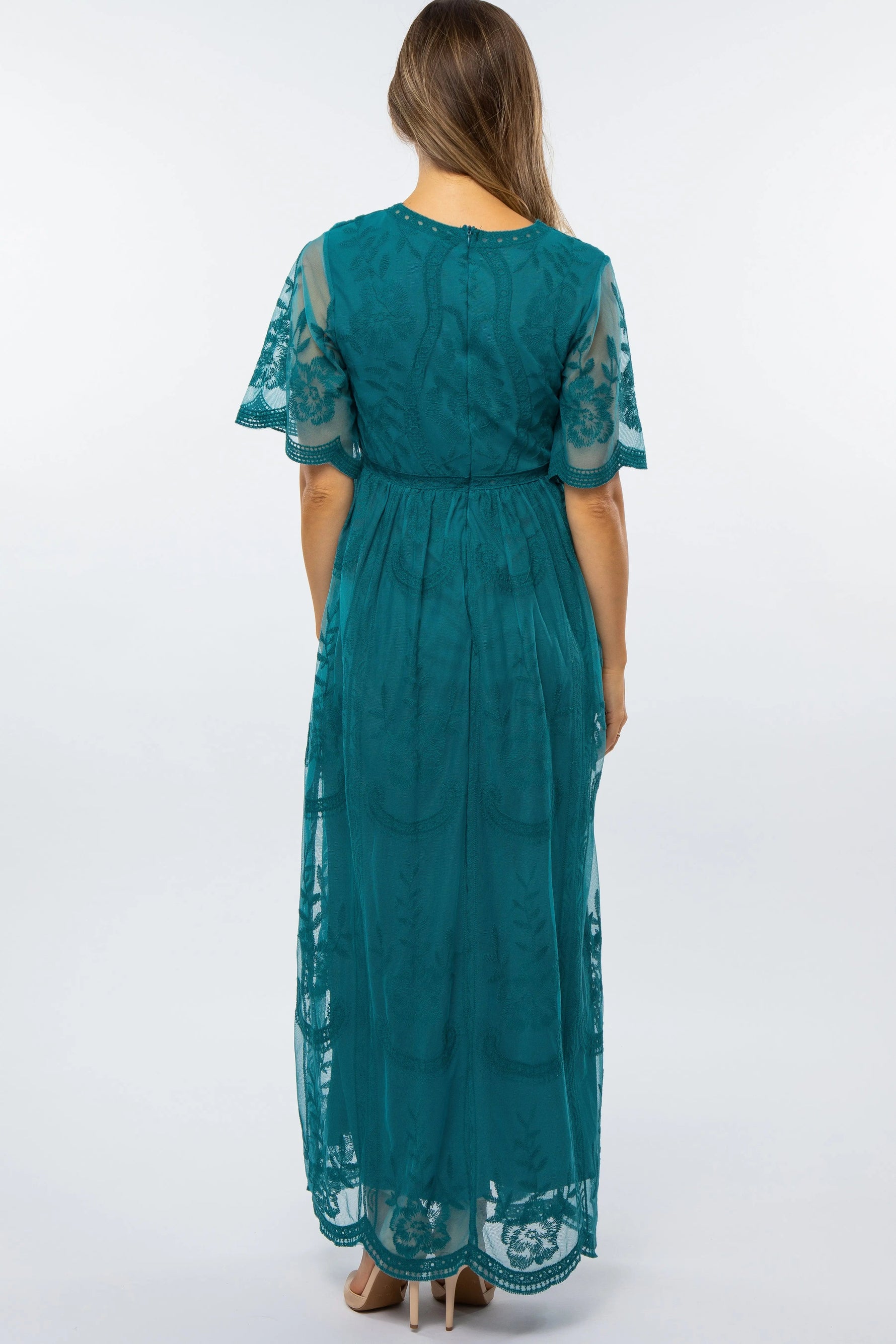 PinkBlush Teal Lace Mesh Overlay Maternity Maxi Dress - 