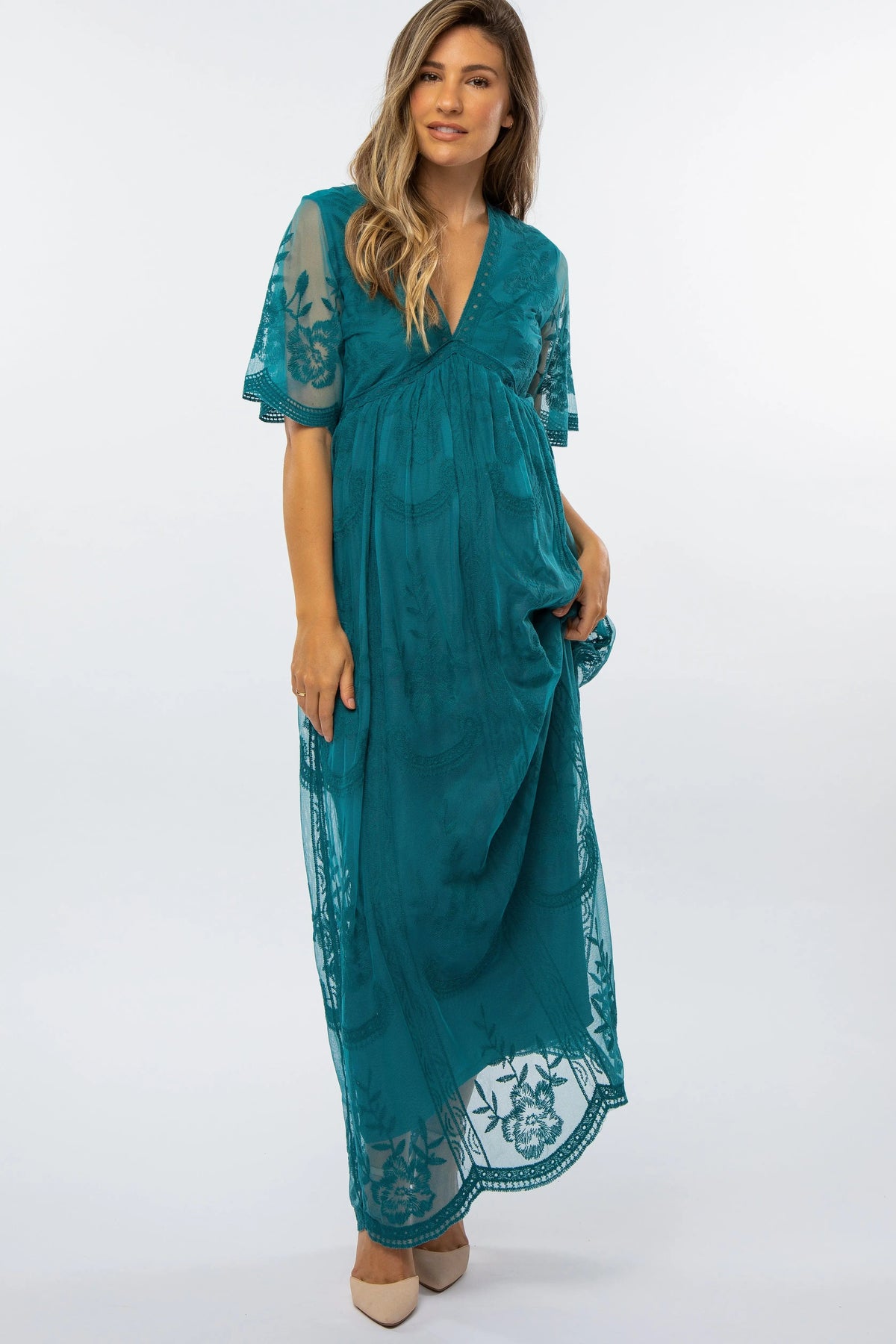 PinkBlush Teal Lace Mesh Overlay Maternity Maxi Dress - 
