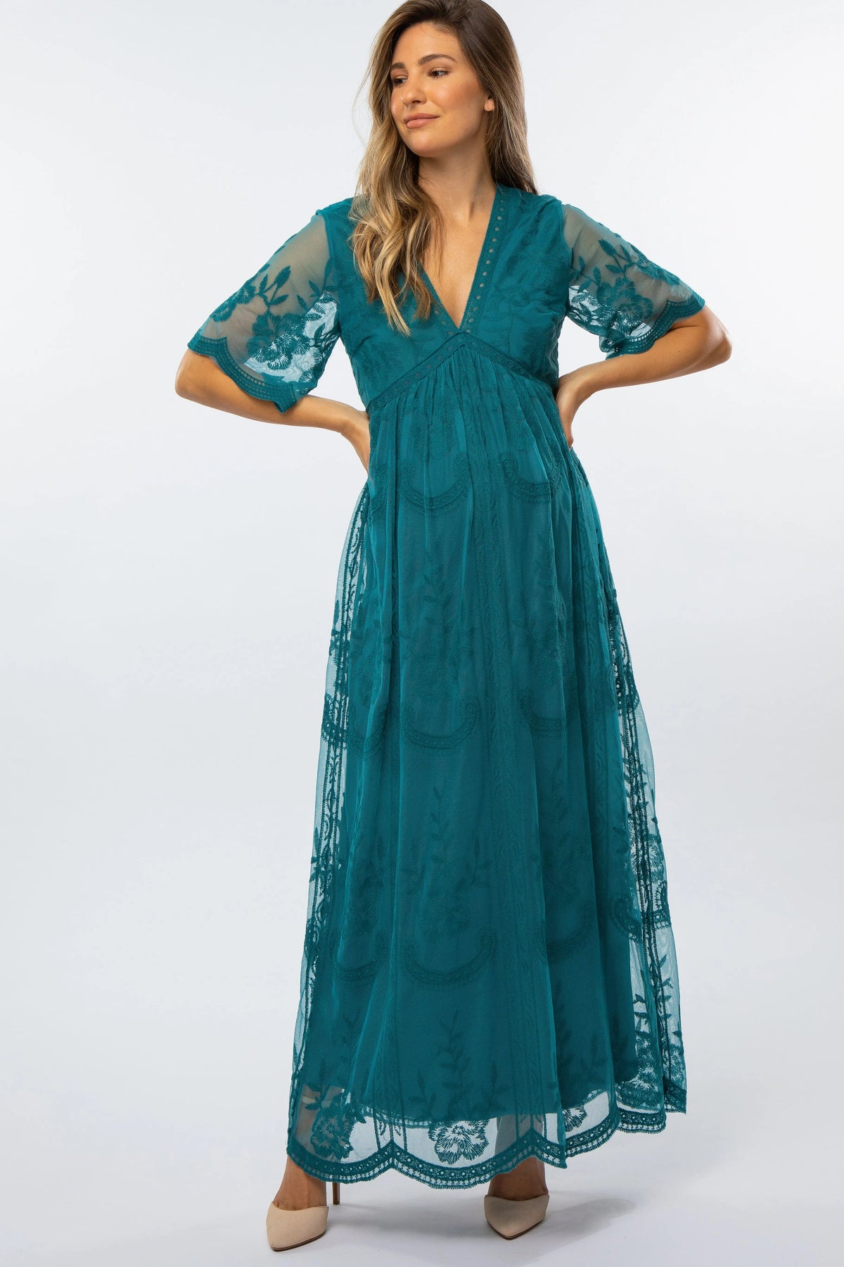 Teal Lace Mesh Overlay Maternity Maxi Dress - Textile, Dress, One-piece garment, Day Dress, Fashion design | Everetts Place