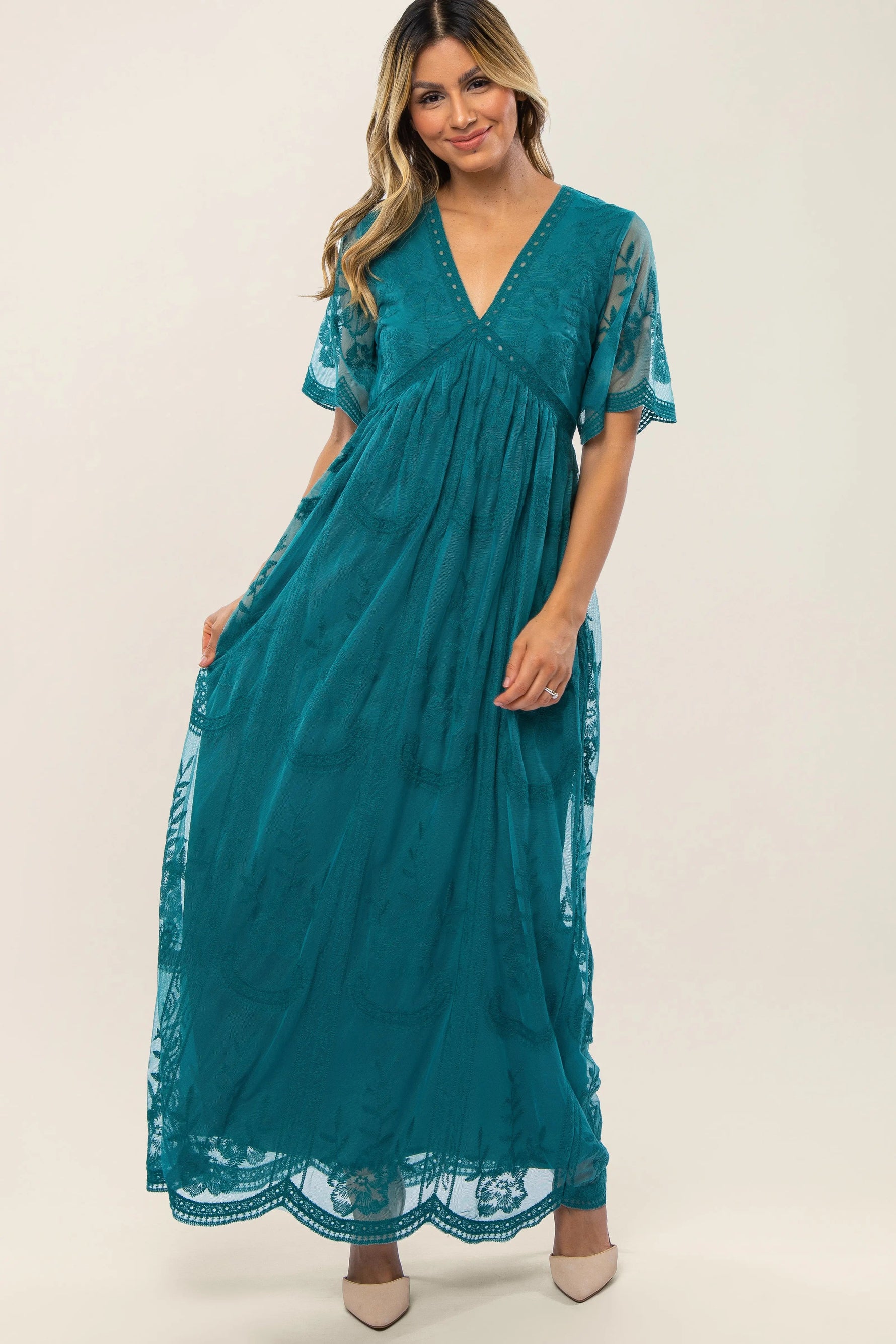 PinkBlush Teal Lace Mesh Overlay Maternity Maxi Dress - 