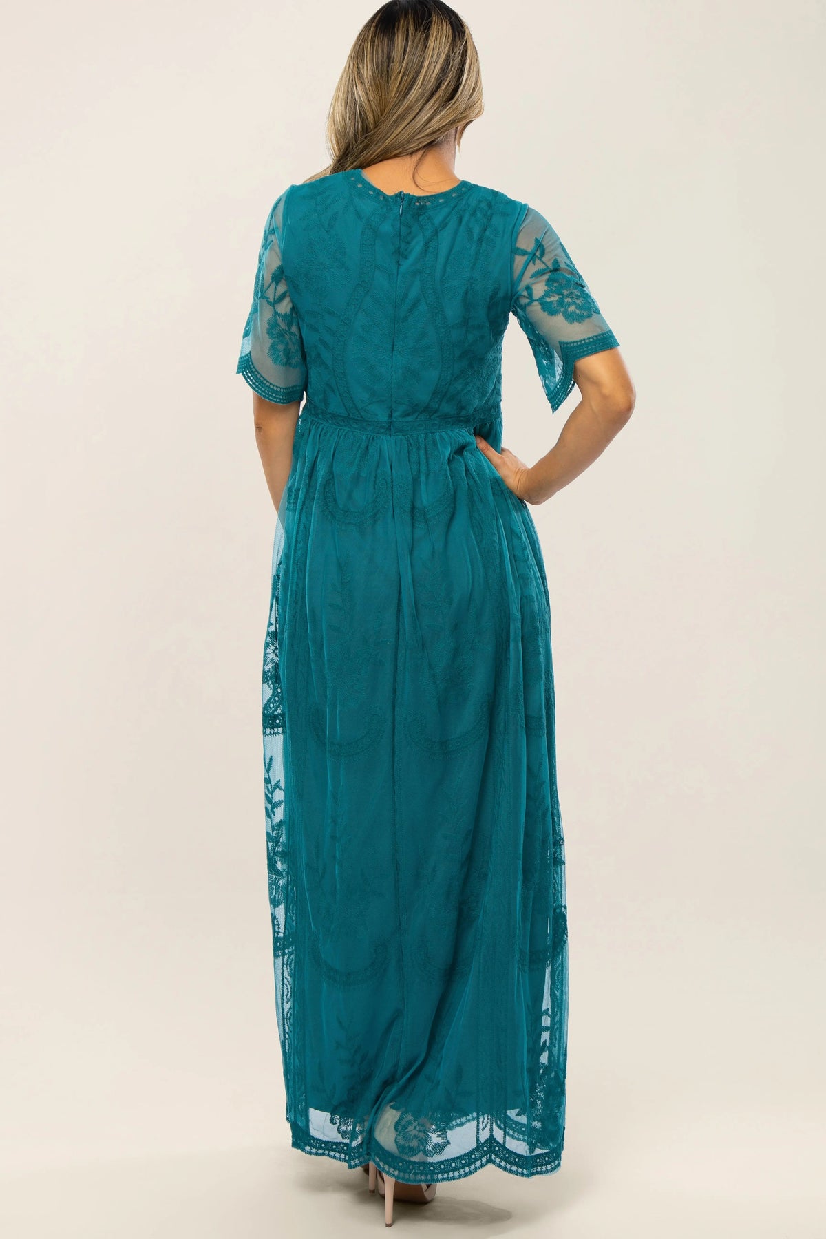 PinkBlush Teal Lace Mesh Overlay Maxi Dress - 