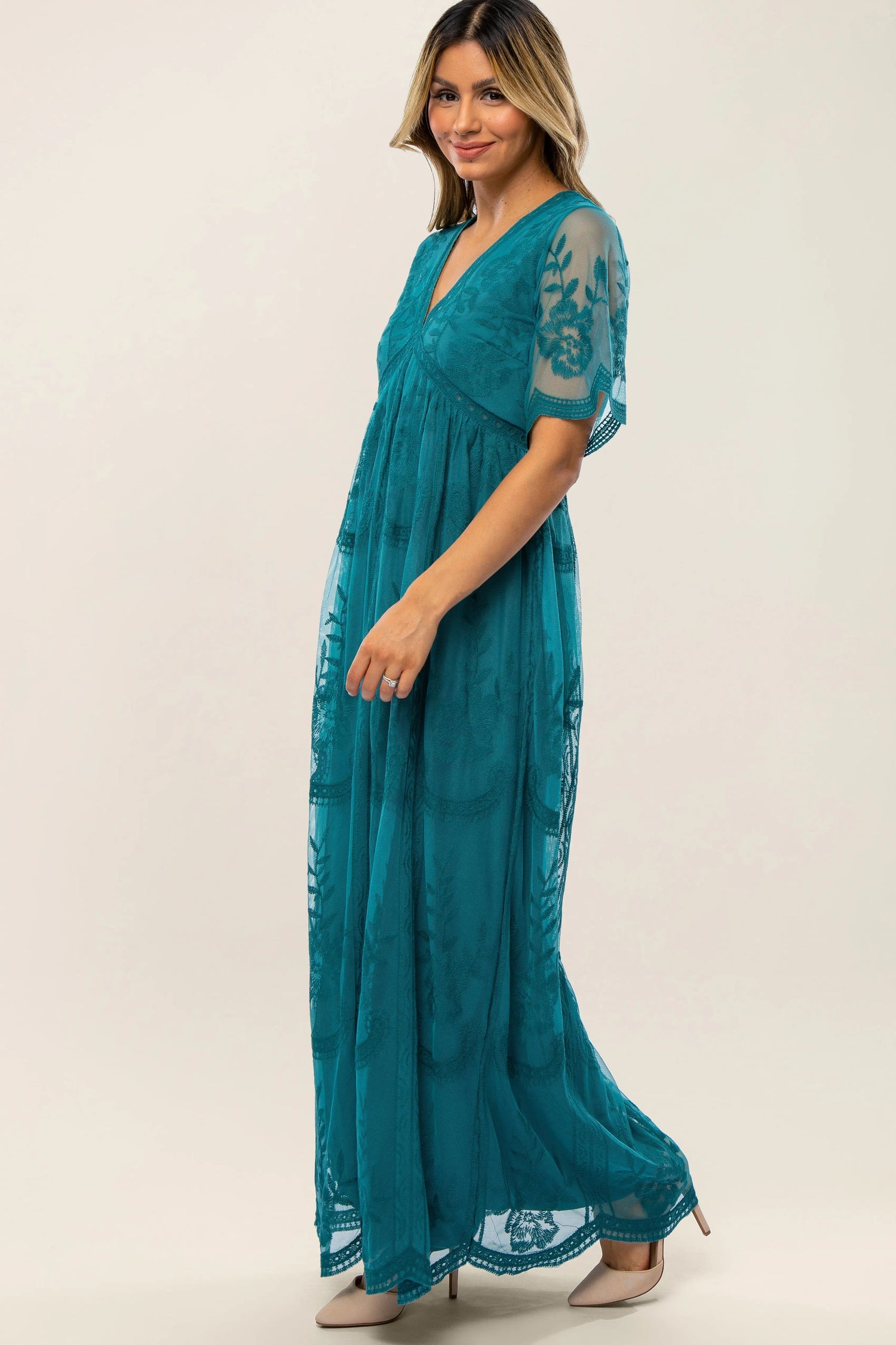 PinkBlush Teal Lace Mesh Overlay Maxi Dress - 