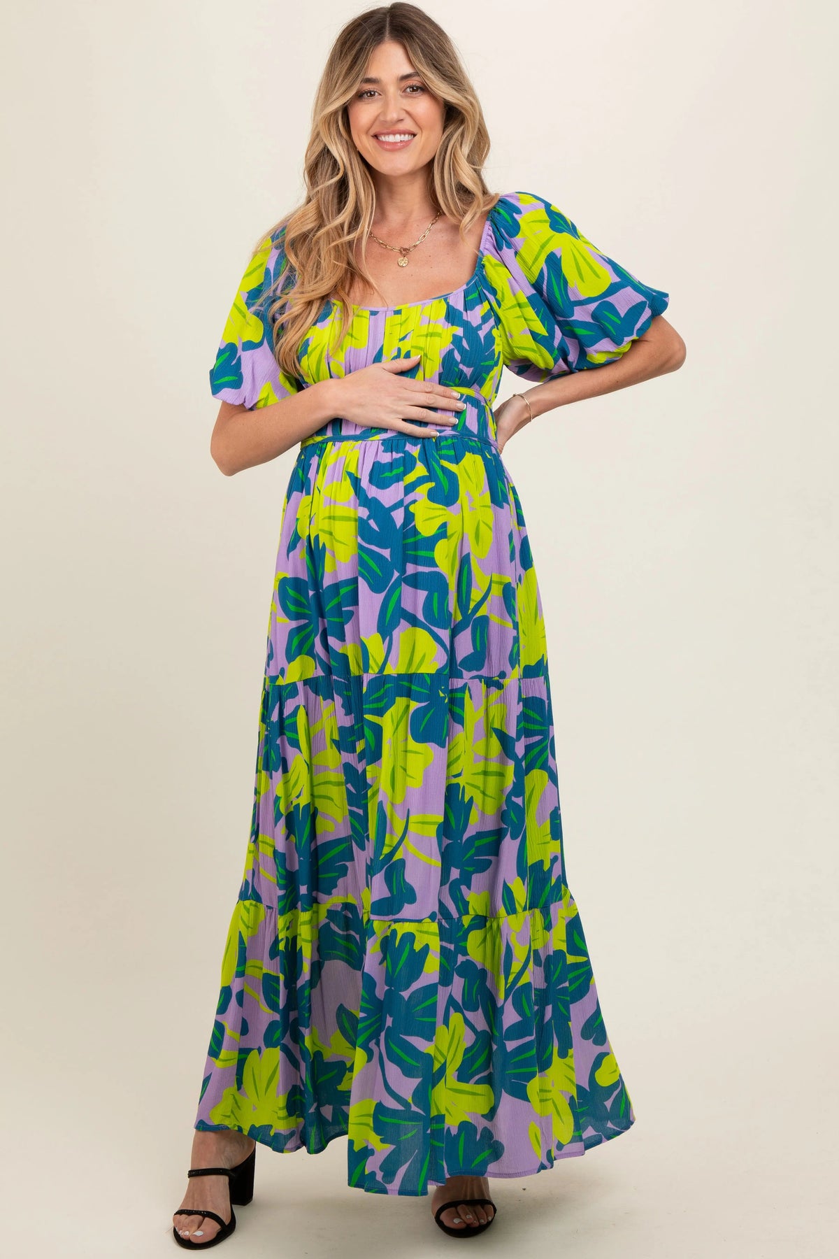 Teal Leaf Print Printed Puff Sleeve Maternity Maxi Dress - Day Dress, One-piece garment, Photo shoot, Person, Dress | Everetts Place