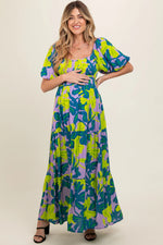 Teal Leaf Print Printed Puff Sleeve Maternity Maxi Dress - Day Dress, One-piece garment, Photo shoot, Person, Dress | Everetts Place