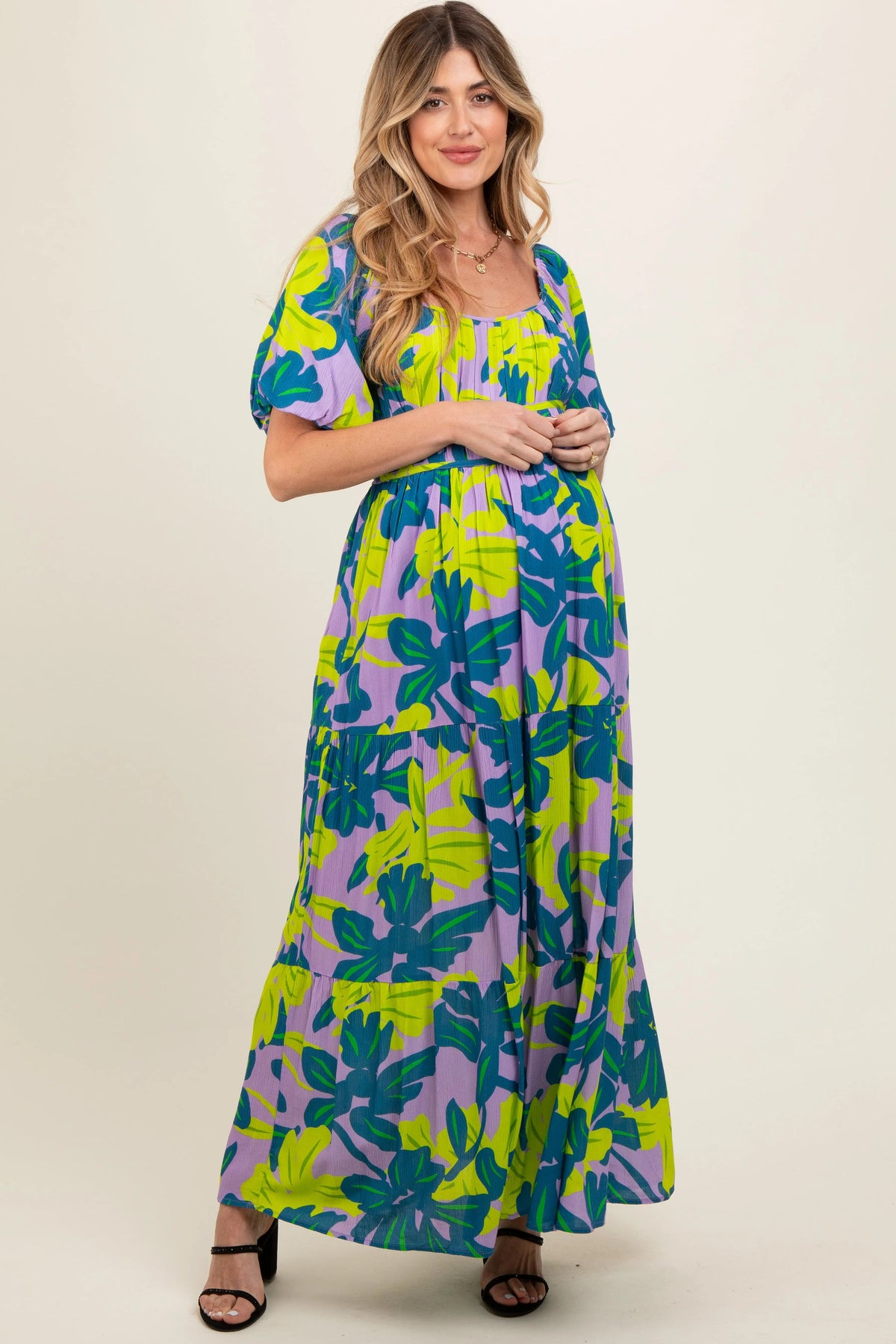PinkBlush Teal Leaf Print Printed Puff Sleeve Maternity Maxi Dress - 