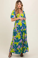 PinkBlush Teal Leaf Print Printed Puff Sleeve Maternity Maxi Dress - 