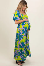 PinkBlush Teal Leaf Print Printed Puff Sleeve Maternity Maxi Dress - 