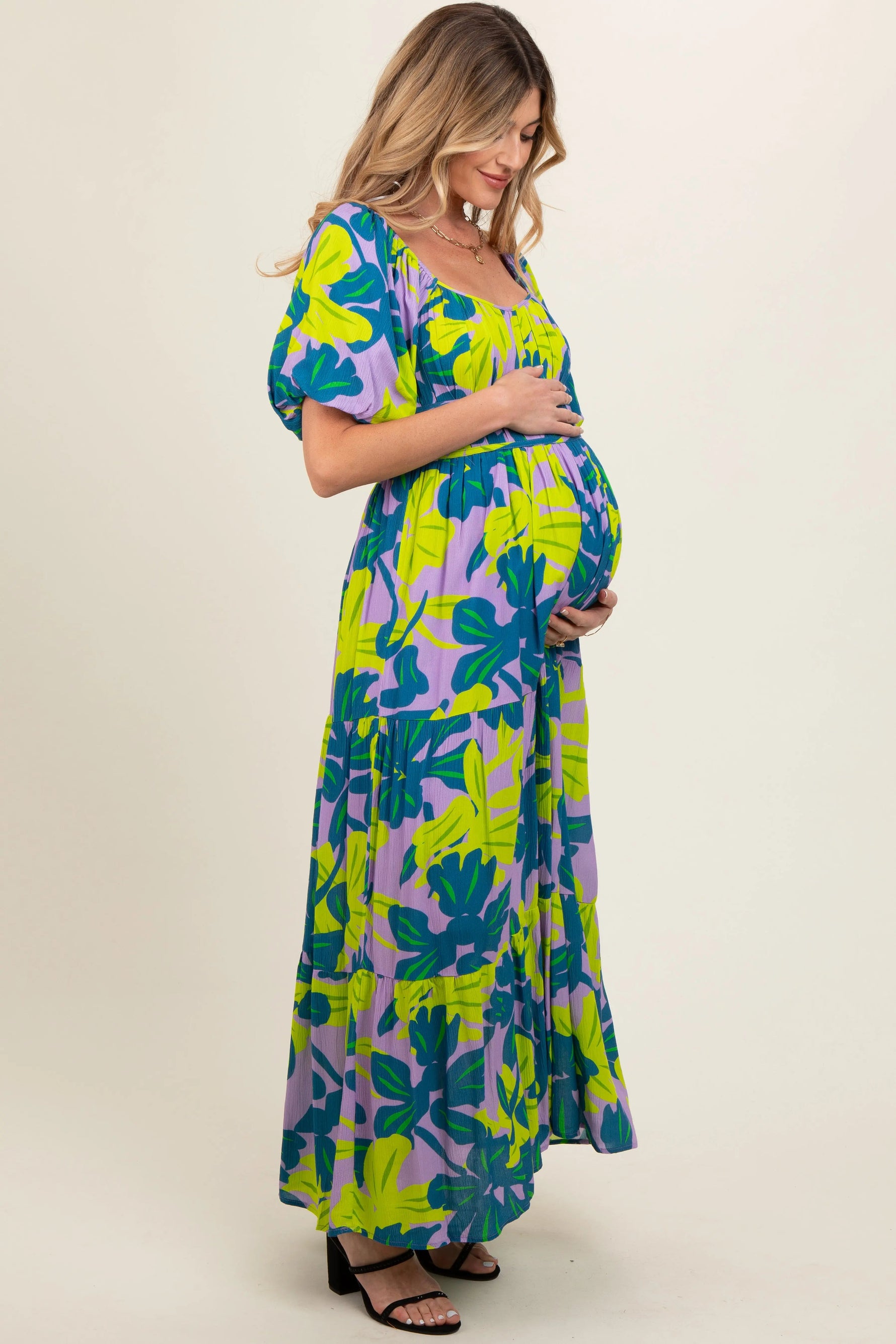 PinkBlush Teal Leaf Print Printed Puff Sleeve Maternity Maxi Dress - 