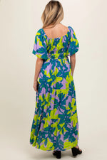 PinkBlush Teal Leaf Print Printed Puff Sleeve Maternity Maxi Dress - 