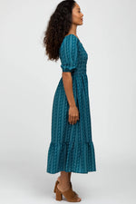 PinkBlush Teal Leaf Print Smocked Midi Dress - 