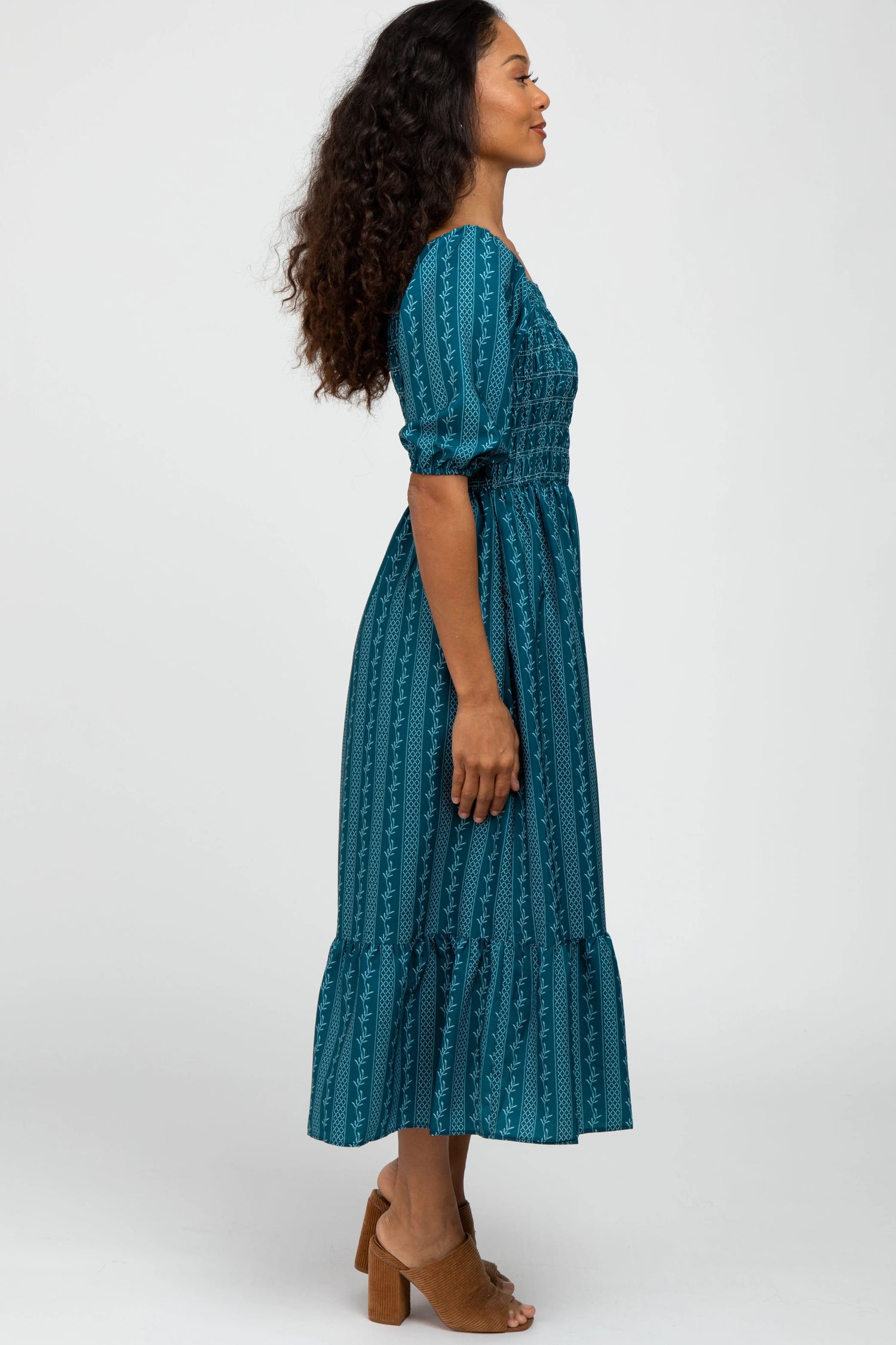 PinkBlush Teal Leaf Print Smocked Midi Dress - 