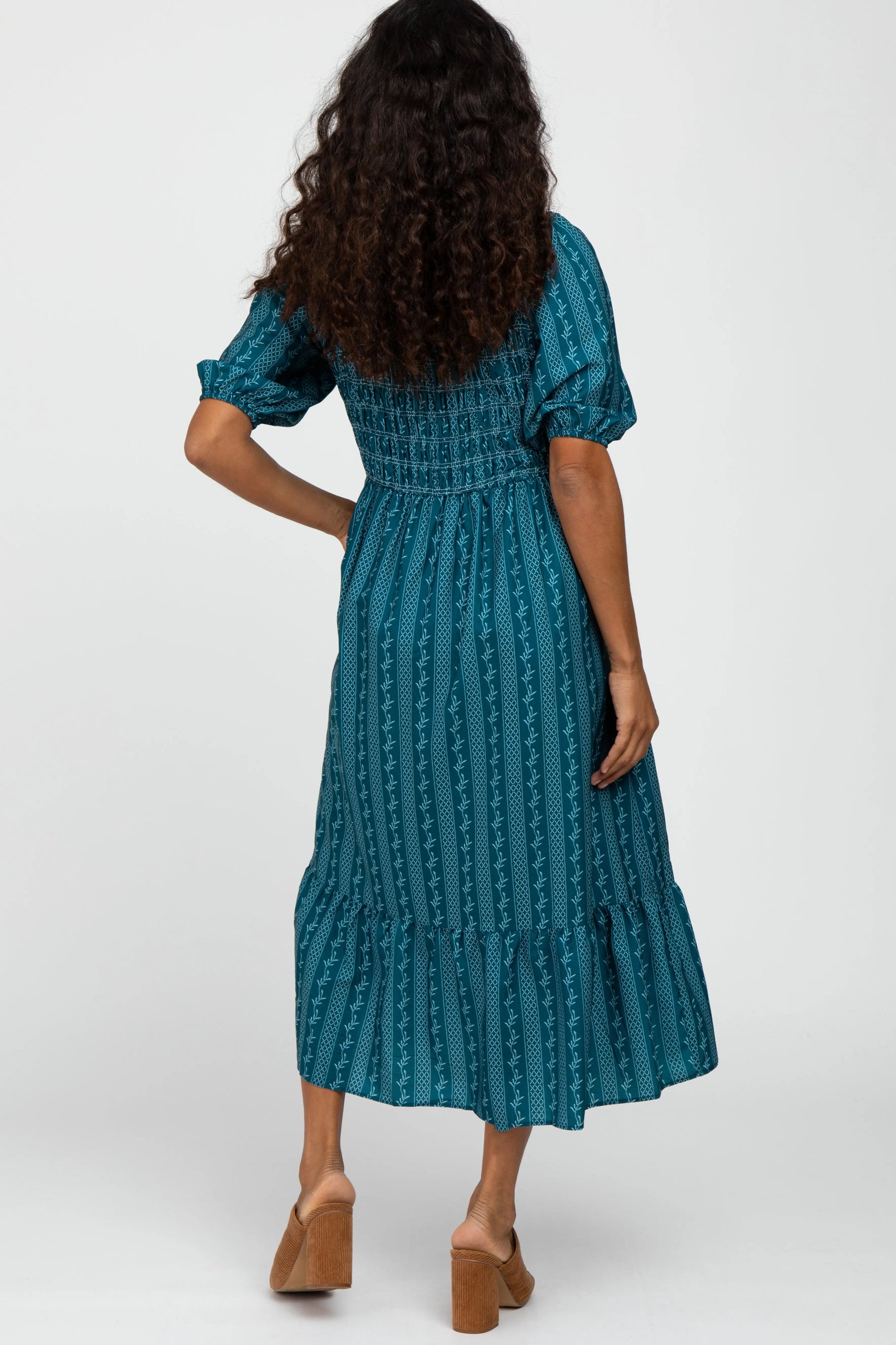 PinkBlush Teal Leaf Print Smocked Midi Dress - 