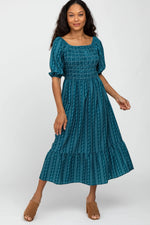 Teal Leaf Print Smocked Midi Dress - Day Dress, Fashion, One-piece garment, Dress, Waist | Everetts Place