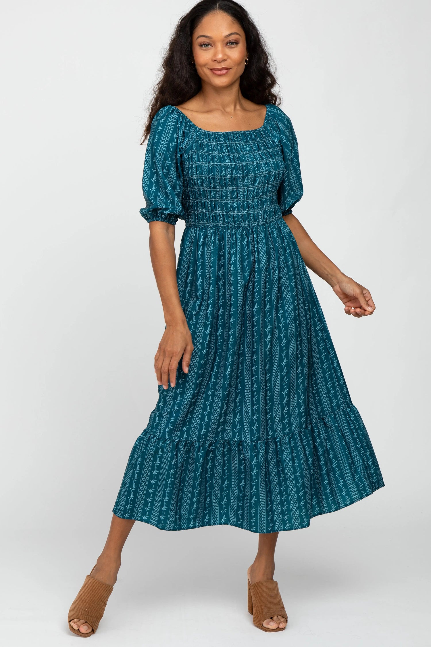 Teal Leaf Print Smocked Midi Dress - Day Dress, Fashion, One-piece garment, Dress, Waist | Everetts Place