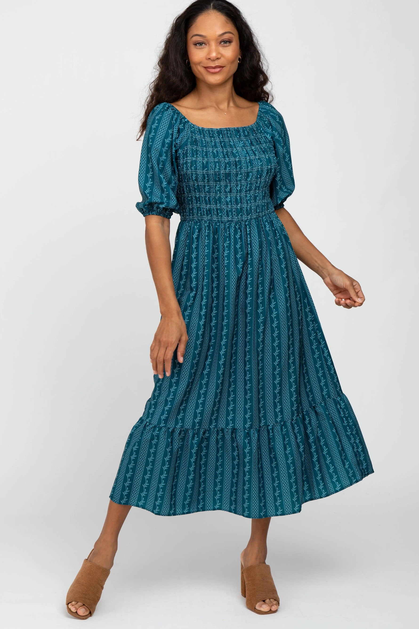 Teal Leaf Print Smocked Midi Dress - Day Dress, Fashion, One-piece garment, Dress, Waist | Everetts Place