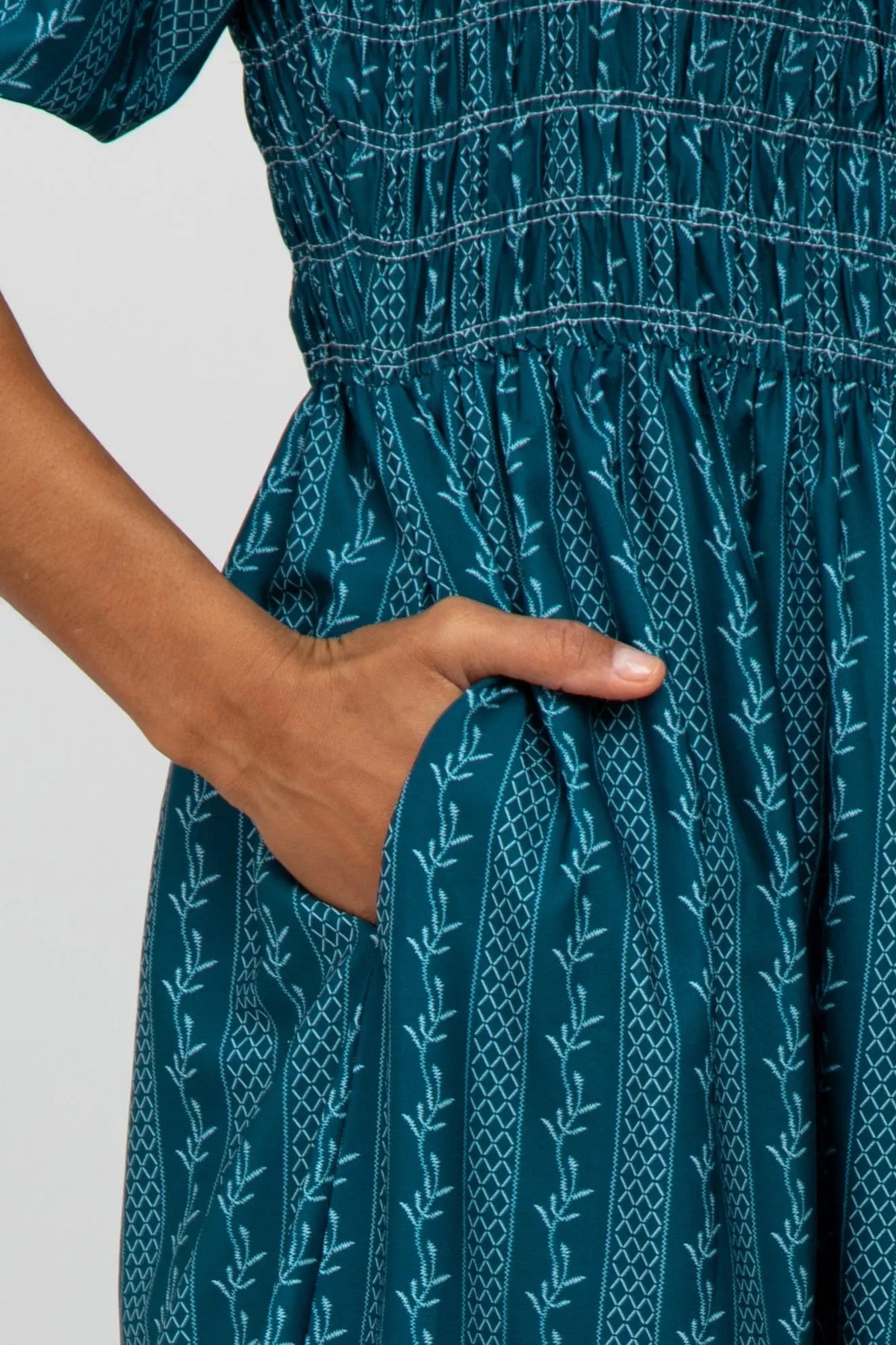 PinkBlush Teal Leaf Print Smocked Midi Dress - 